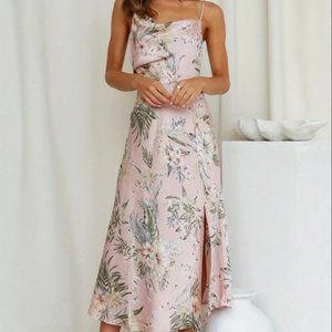 Pink Floral Print Spaghetti Strap Cowl Neck Dress M (US 6)
